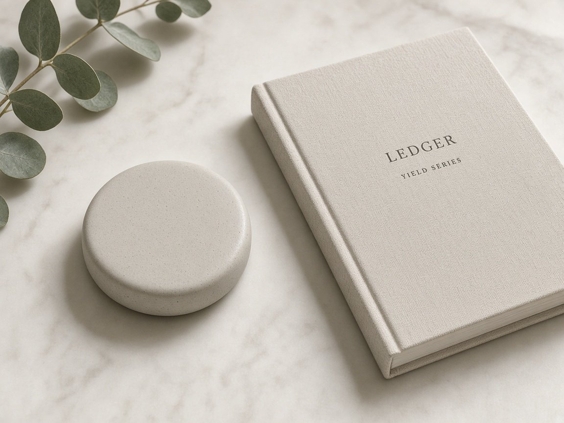 Token-Scheibe und Ledger getrennt auf Marmor – Asset und Ertragsprodukt